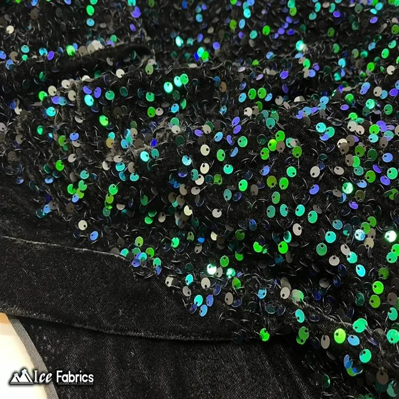 Emerald Green on Black Emma Stretch Velvet Fabric with Embroidery Sequin