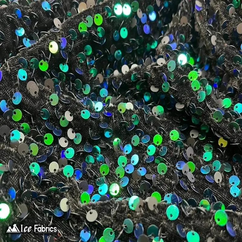 Emerald Green on Black Emma Stretch Velvet Fabric with Embroidery Sequin