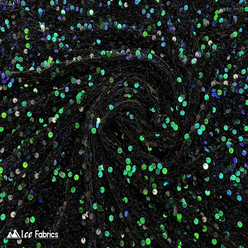 Emerald Green on Black Emma Stretch Velvet Fabric with Embroidery Sequin