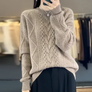 Enlarged And Thickened Merino Wool Sweater Women's Round Neck Autumn Winter New Long Sleeved New Cashmere Knit Pullover Top