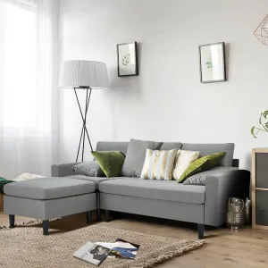 Enlarged Convertible Sectional Sofa Couch, 3-seat Sofa Couch with Ottoman, L-Shaped Sofa in Modern Linen Fabric, Gray