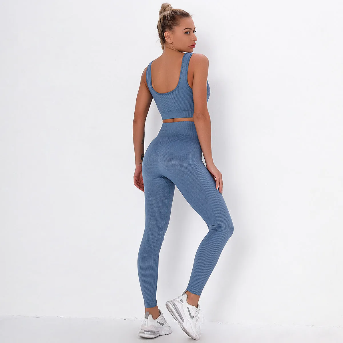 European and American Yoga Fitness Sports Waistcoat Suit Seamless Striped Jacquard Bra Fitness Yoga Wear Leggings Women