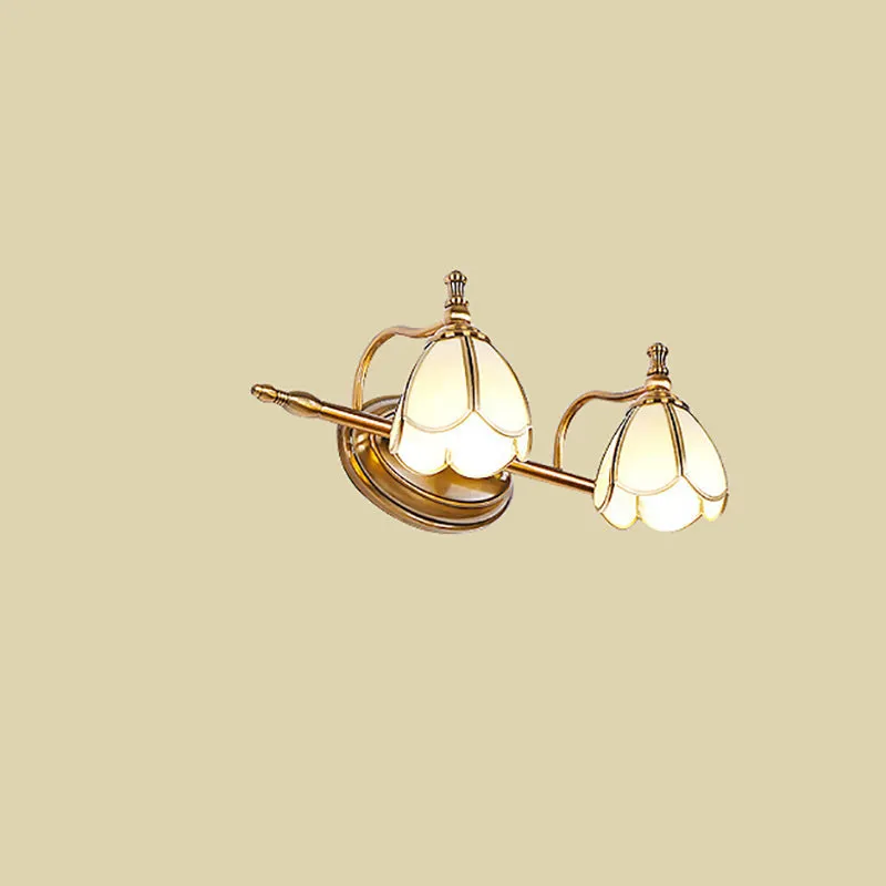European Vintage Luxury Glass Flower Bell Copper 2/3 Light Wall Sconce Lamp For Bedroom