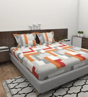 EVERLUSH 210 TC Cotton Feel Glace Cotton All Around Elastic Fitted Bedsheets, Bedsheet Double Size, Bedsheet for Double Bed Elastic Fitted with 2 Pillow Covers, Size-72x78x8 Inches, (Grey ORNG Line)