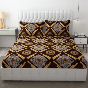 EVERLUSH 300 TC Cotton Feel All Around Elastic Fitted Double King Size Bedsheets, Supersoft Fitted Double Bedsheets with 2 Pillow Covers 72 x 72 Inch (Brown Damask)