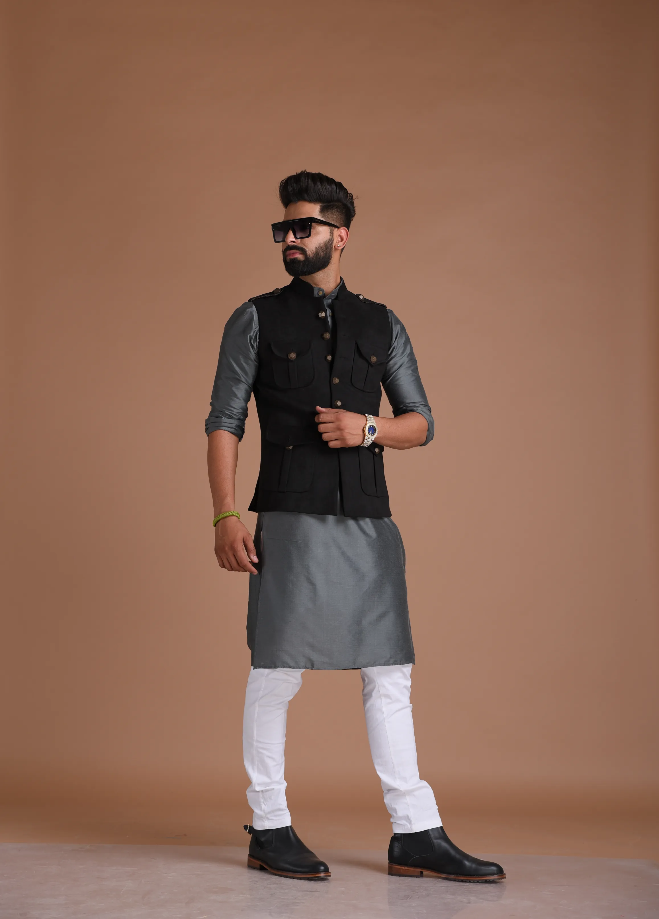 Exclusive Black Faux Suede Leather Half Hunting Style Jacket with Kurta Pajama Set | Perfect for Casual wear, Festive wear|
