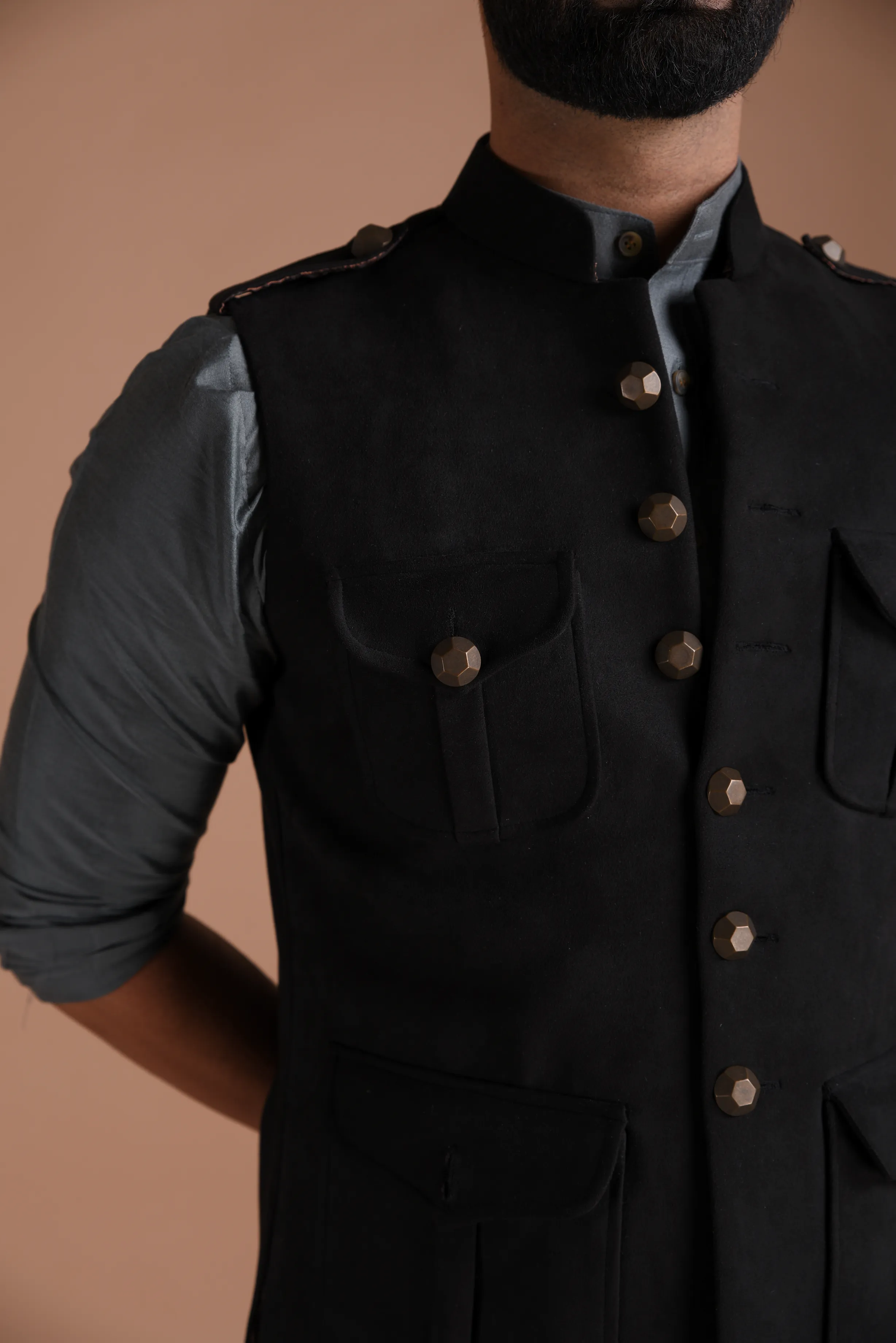 Exclusive Black Faux Suede Leather Half Hunting Style Jacket with Kurta Pajama Set | Perfect for Casual wear, Festive wear|