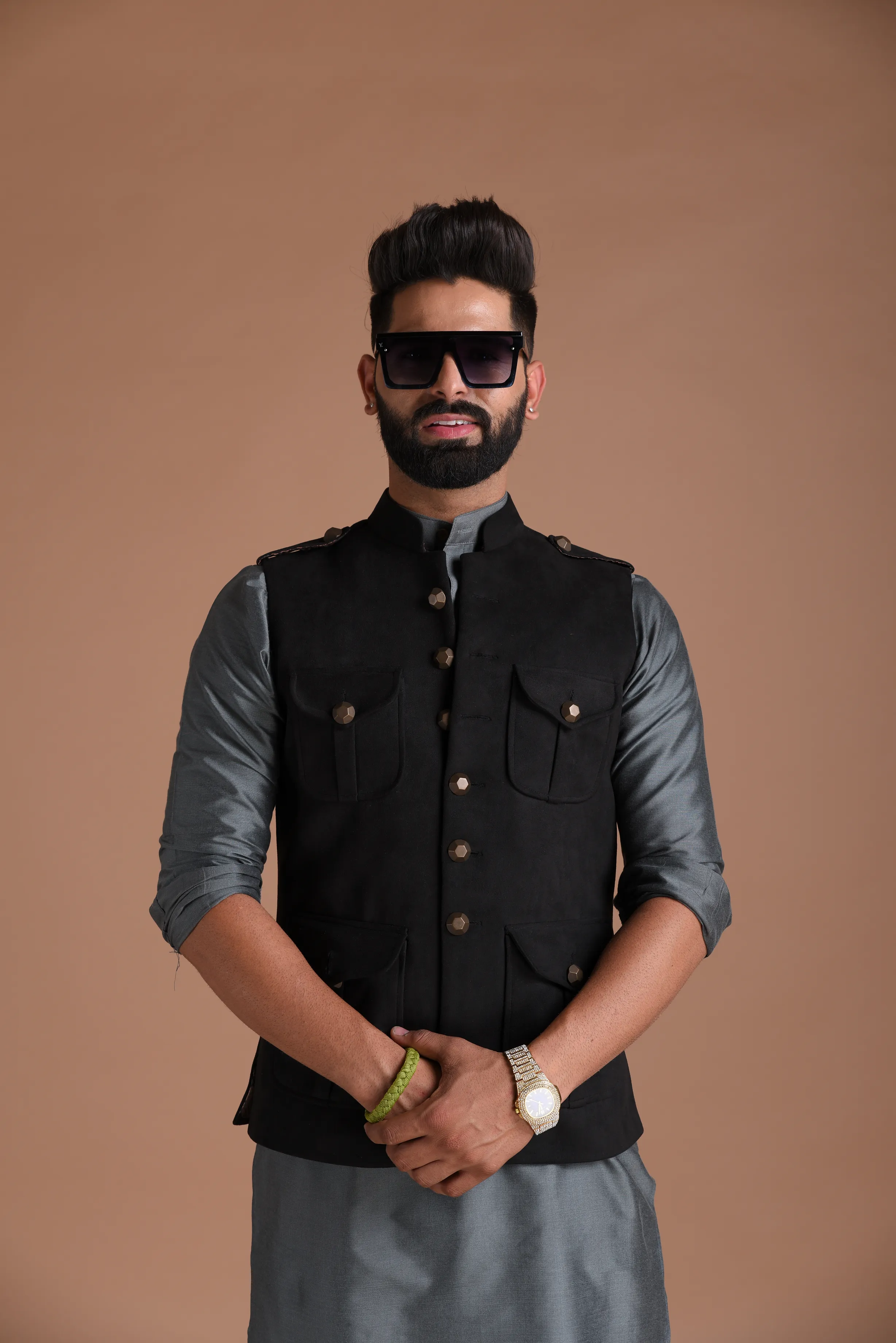 Exclusive Black Faux Suede Leather Half Hunting Style Jacket with Kurta Pajama Set | Perfect for Casual wear, Festive wear|
