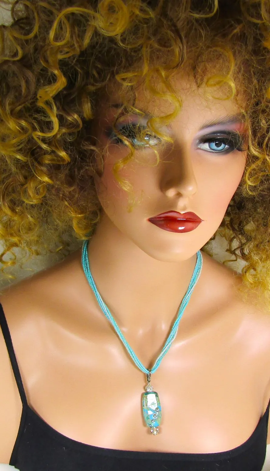Exotic Aqua Lampwork Pendant on Aqua Seed Bead Necklace