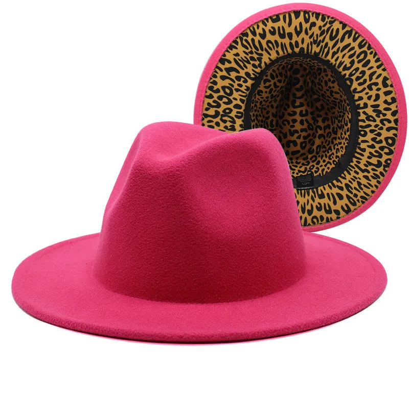 F4036 Thickened Men's and Women's Top Hat Two-Color Leopard Print  Inside  Jazz Fedora Hat Large Brim Double-Sided Woolen Leopard Print Lining Felt Cap