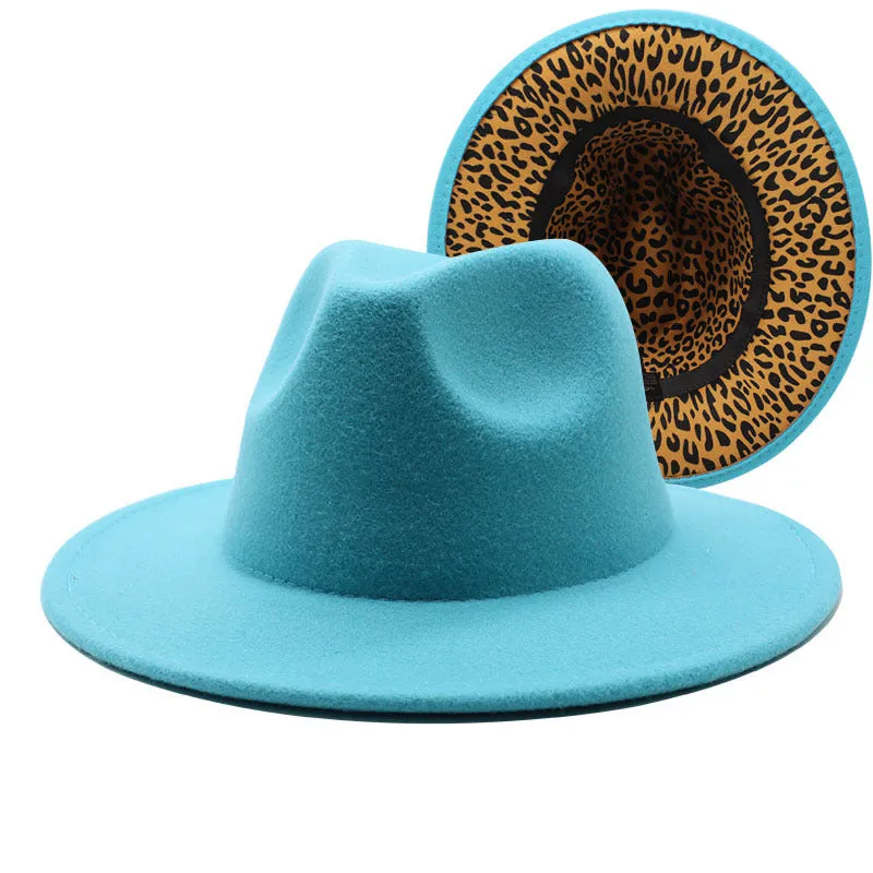 F4036 Thickened Men's and Women's Top Hat Two-Color Leopard Print  Inside  Jazz Fedora Hat Large Brim Double-Sided Woolen Leopard Print Lining Felt Cap