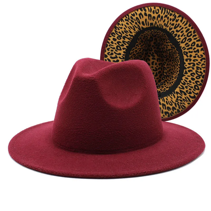 F4036 Thickened Men's and Women's Top Hat Two-Color Leopard Print  Inside  Jazz Fedora Hat Large Brim Double-Sided Woolen Leopard Print Lining Felt Cap