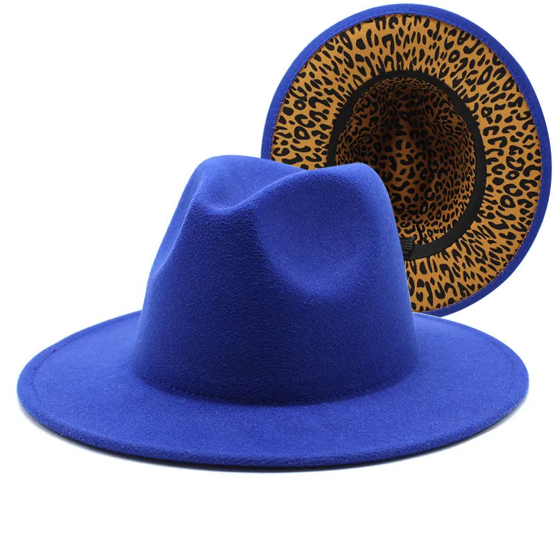 F4036 Thickened Men's and Women's Top Hat Two-Color Leopard Print  Inside  Jazz Fedora Hat Large Brim Double-Sided Woolen Leopard Print Lining Felt Cap