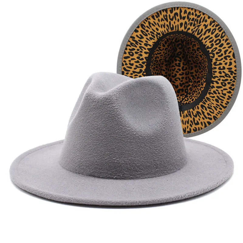 F4036 Thickened Men's and Women's Top Hat Two-Color Leopard Print  Inside  Jazz Fedora Hat Large Brim Double-Sided Woolen Leopard Print Lining Felt Cap