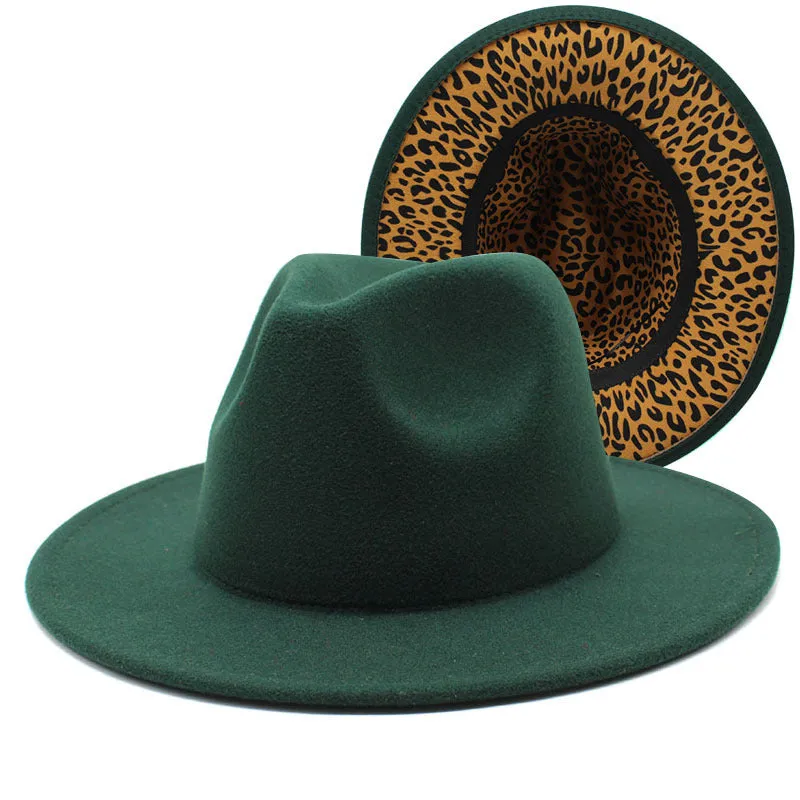 F4036 Thickened Men's and Women's Top Hat Two-Color Leopard Print  Inside  Jazz Fedora Hat Large Brim Double-Sided Woolen Leopard Print Lining Felt Cap