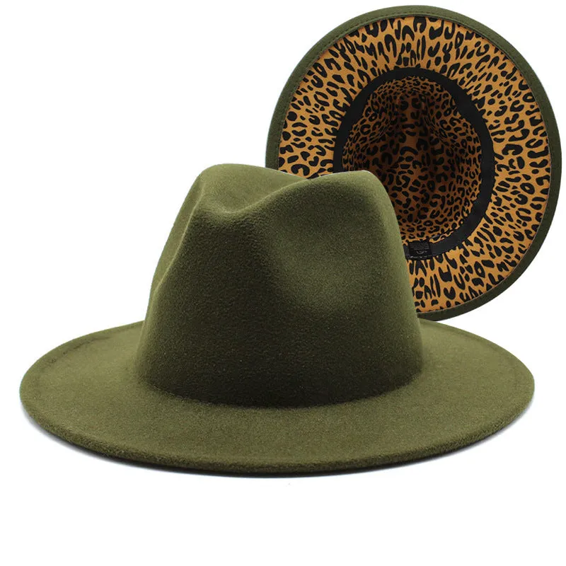 F4036 Thickened Men's and Women's Top Hat Two-Color Leopard Print  Inside  Jazz Fedora Hat Large Brim Double-Sided Woolen Leopard Print Lining Felt Cap