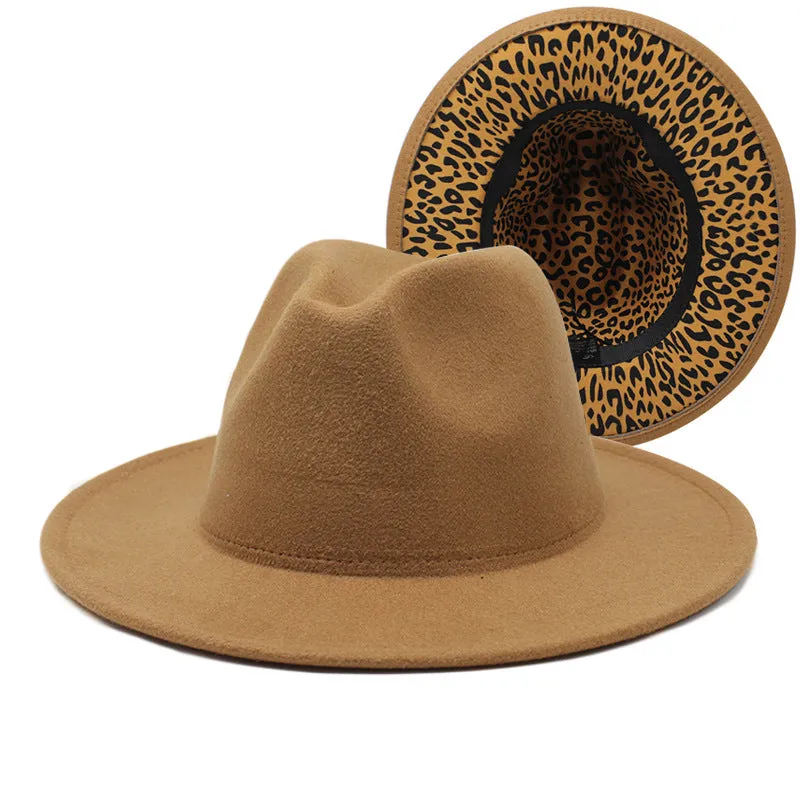 F4036 Thickened Men's and Women's Top Hat Two-Color Leopard Print  Inside  Jazz Fedora Hat Large Brim Double-Sided Woolen Leopard Print Lining Felt Cap