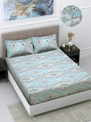 FABINALIV Multicolor Geometric 300 TC Cotton Blend Super King Size Fitted Double Bedsheet with 2 Pillow Covers (FLEBS-2068-Multi)