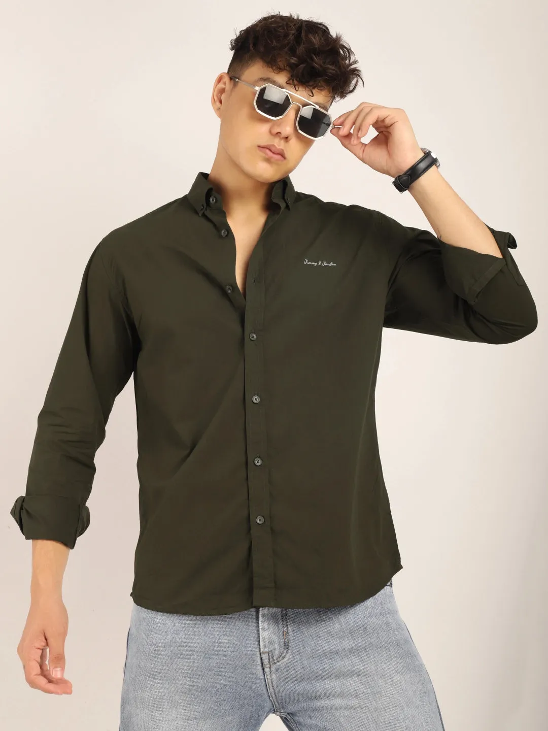 Fabric Pepar Cotton Classic Olive Full Sleeve Shirt