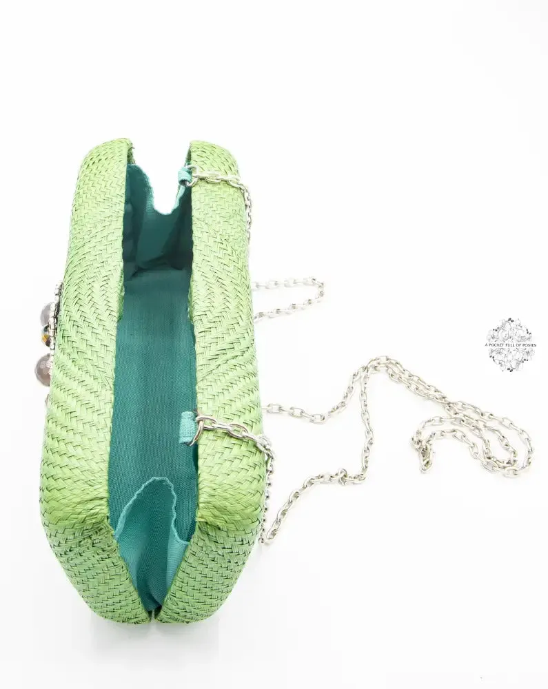 Fabulous green straw clutch with beading and stones (with optional reception strap) made in the Philippinespines