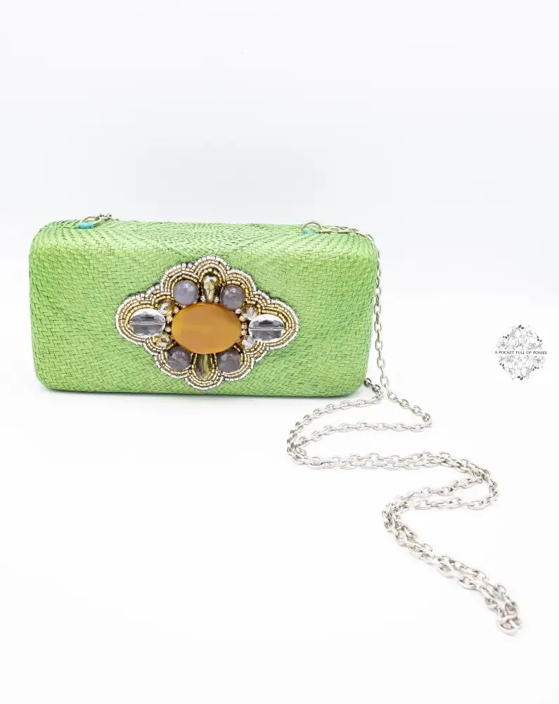 Fabulous green straw clutch with beading and stones (with optional reception strap) made in the Philippinespines