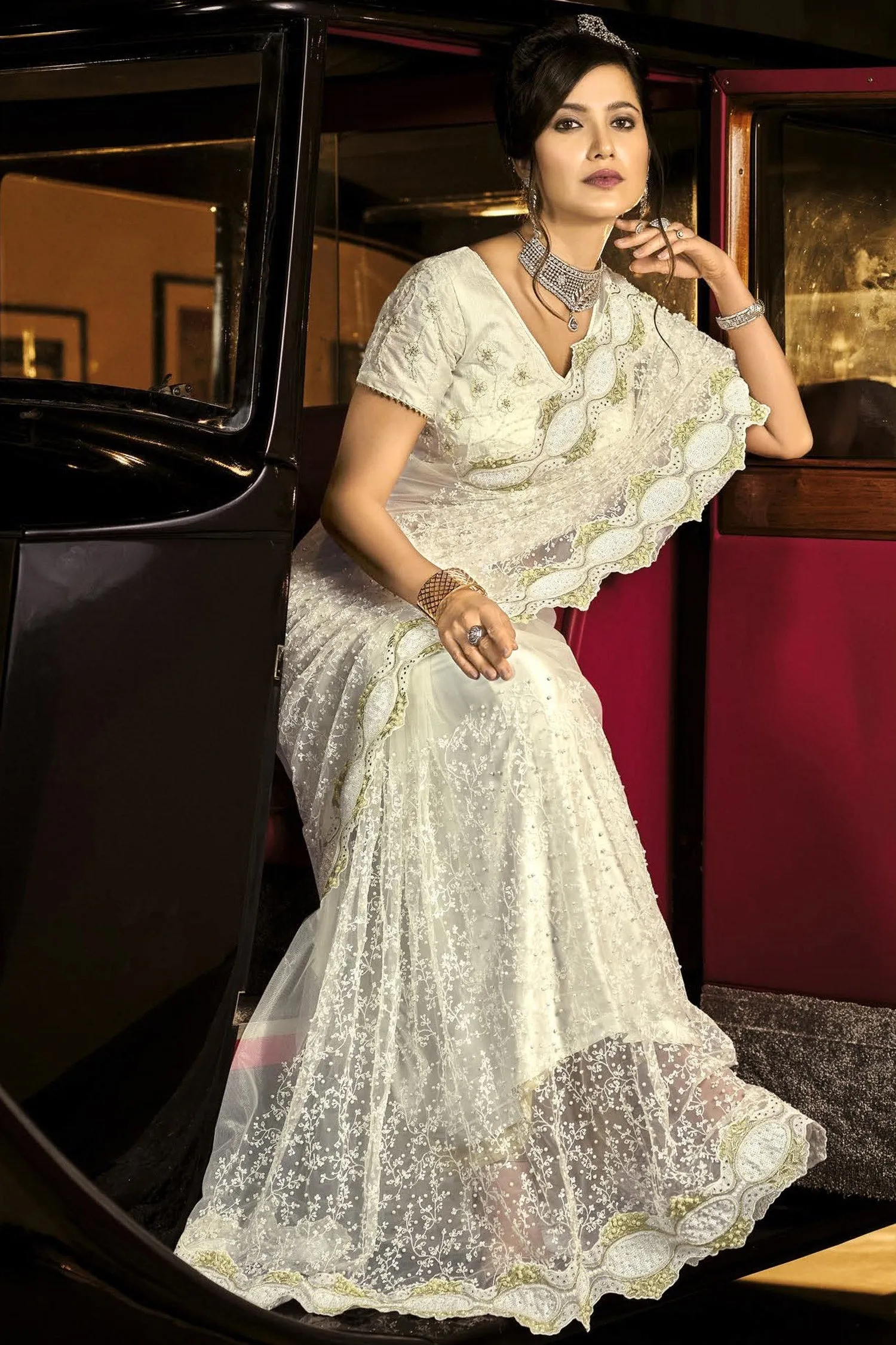 Fancy Pearl White Net Designer Saree