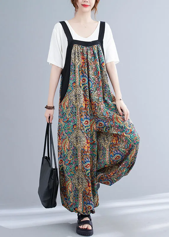 Fashion Green Oversized Print Pockets Spandex Jumpsuit Summer LY7314