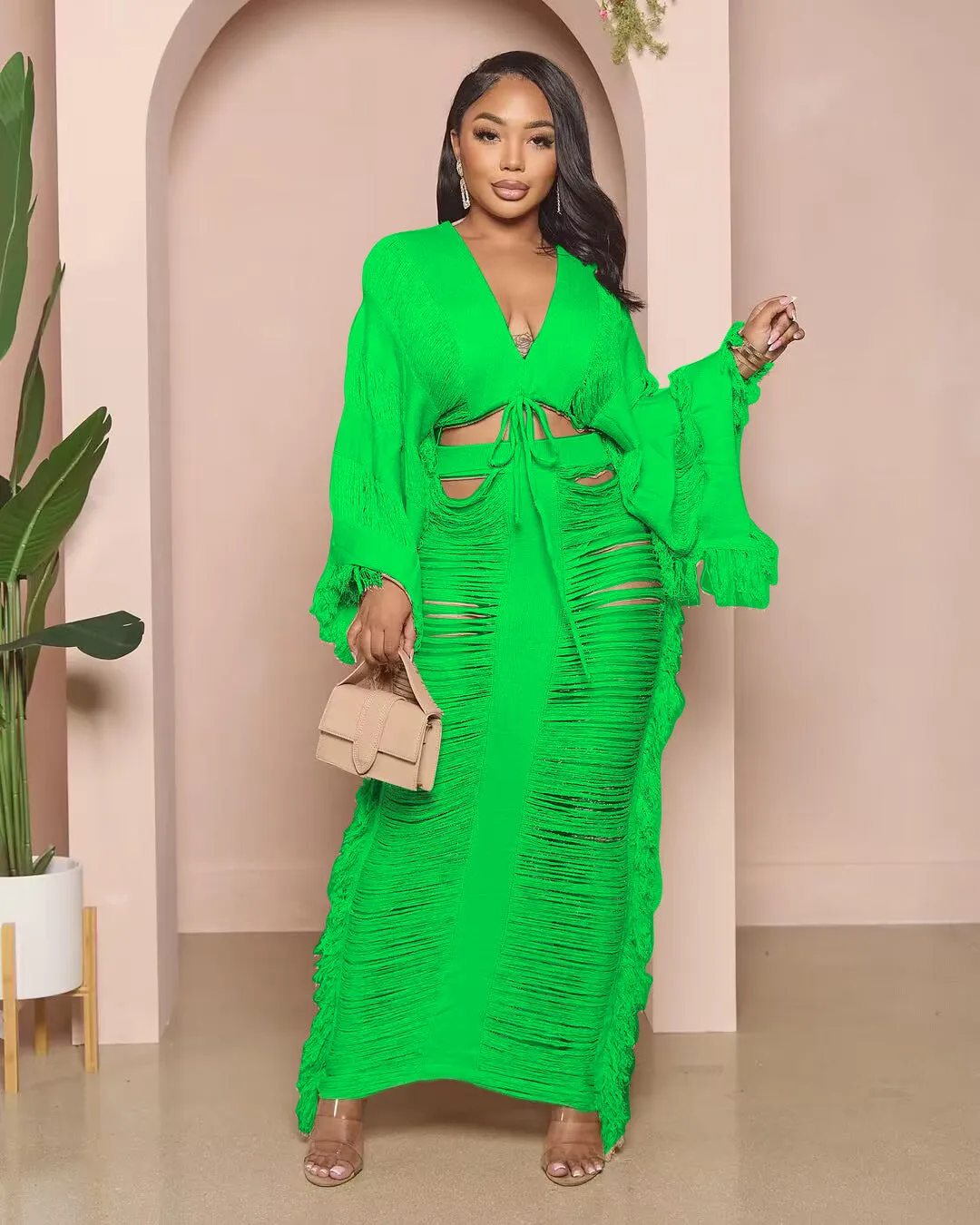 Fashion knitted hollow out long sleeved skirt set（AY2991
