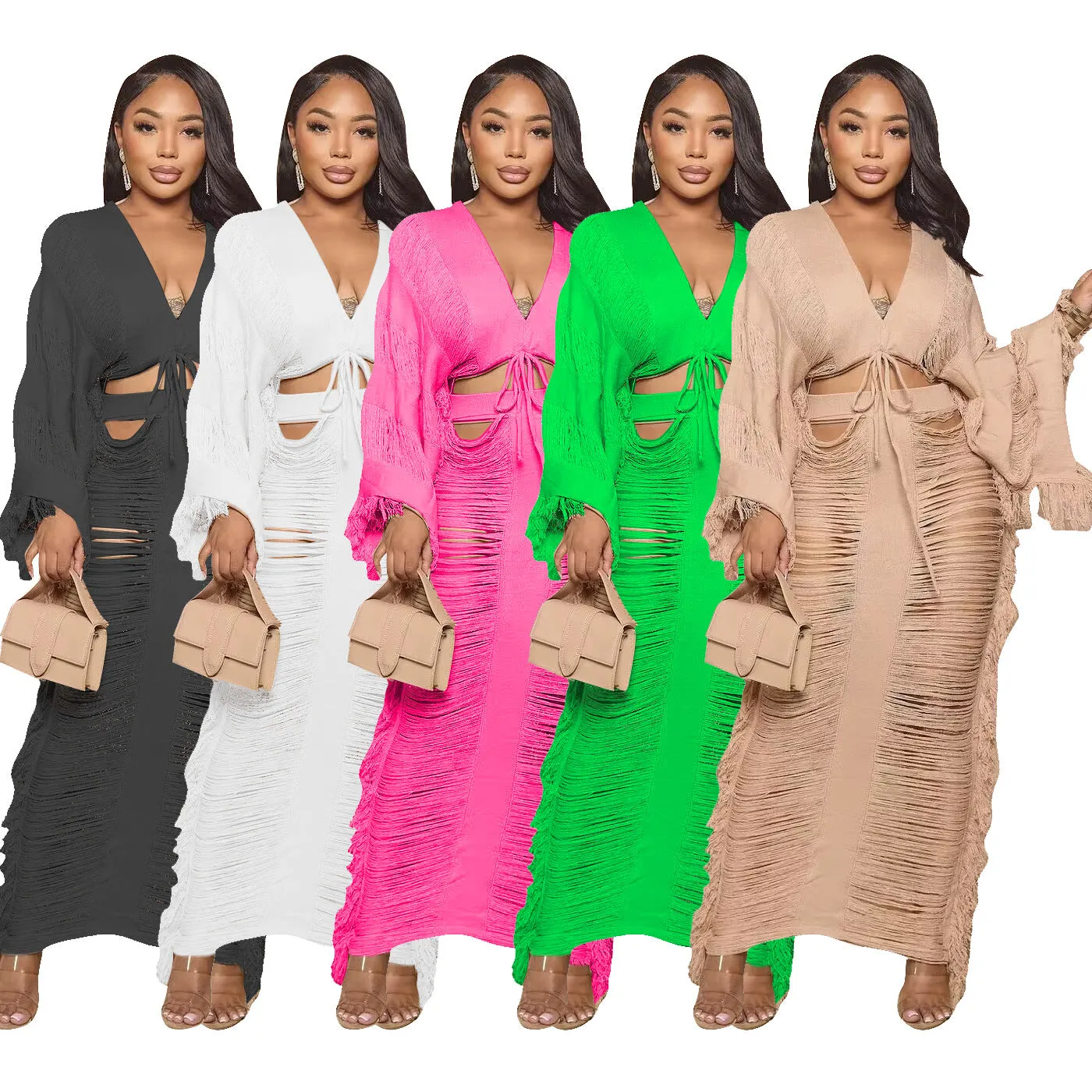 Fashion knitted hollow out long sleeved skirt set（AY2991