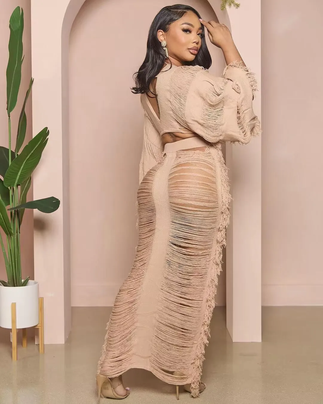 Fashion knitted hollow out long sleeved skirt set（AY2991