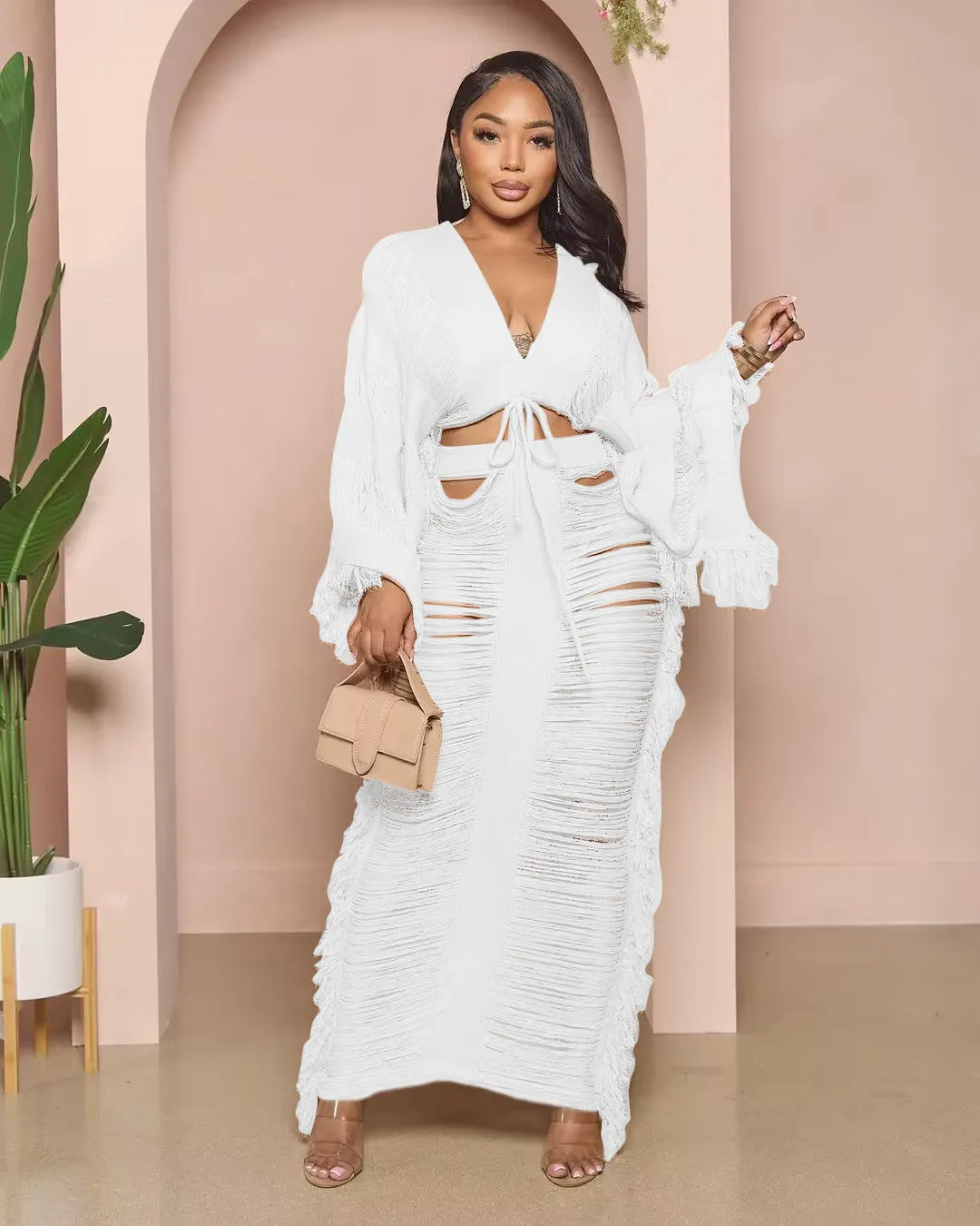 Fashion knitted hollow out long sleeved skirt set（AY2991