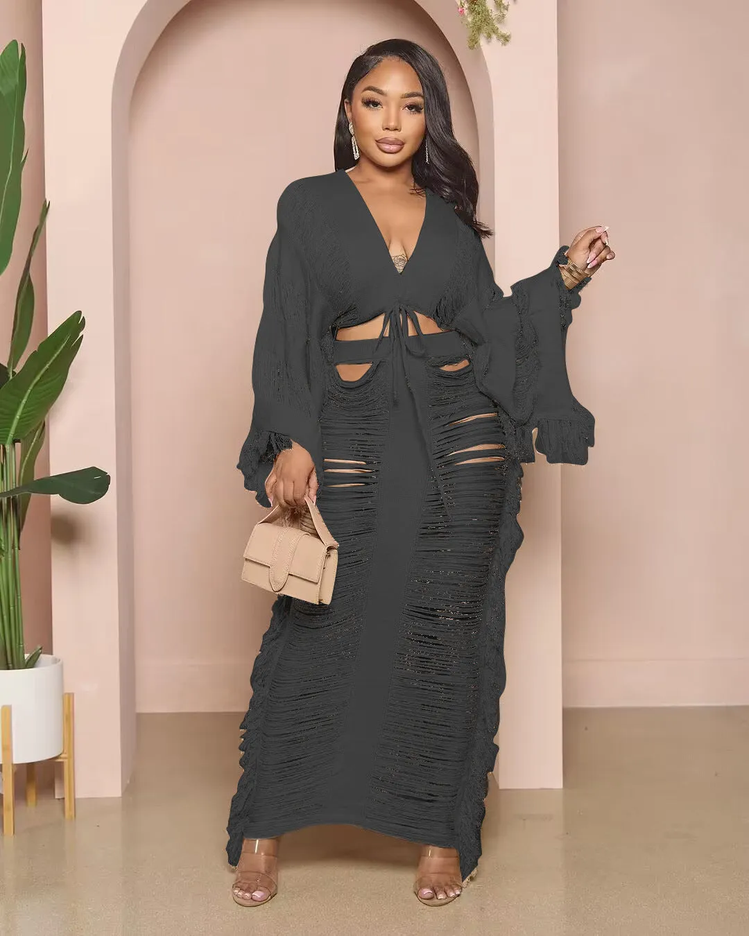 Fashion knitted hollow out long sleeved skirt set（AY2991