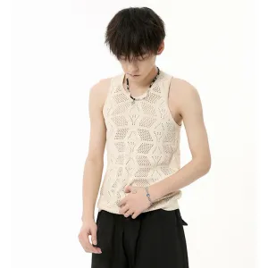Fashion Men's Tank Tops Hollow Out Kintting T-shirt O-neck Sleeveless Casual Tee Solid Color Summer Korean Style 9C6577