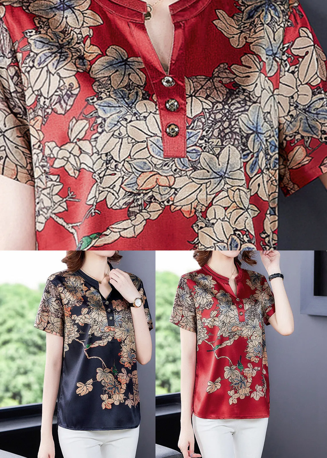 Fashion Red Print Silk Shirt Summer LY5191
