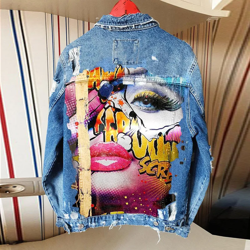 Fashion trendy cool graffiti illustration denim jacket