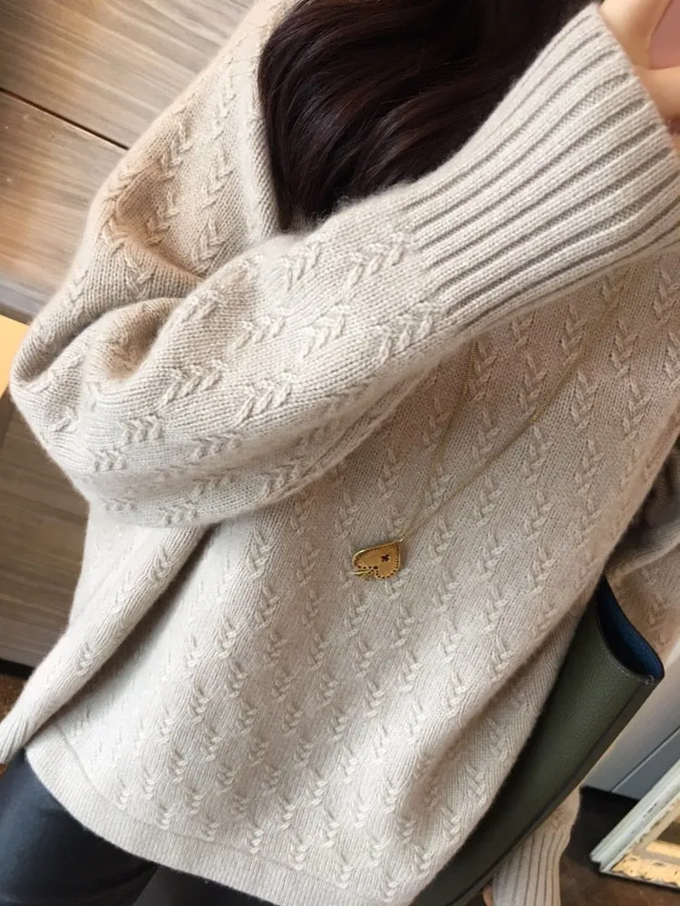 Fashionkova  Autumn Winter New Thickened Cashmere Sweater Female Twist Flower Half High Neck Pullover Woolen Knit Loose Versatile Sweater