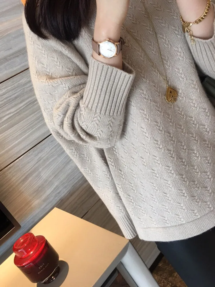 Fashionkova  Autumn Winter New Thickened Cashmere Sweater Female Twist Flower Half High Neck Pullover Woolen Knit Loose Versatile Sweater