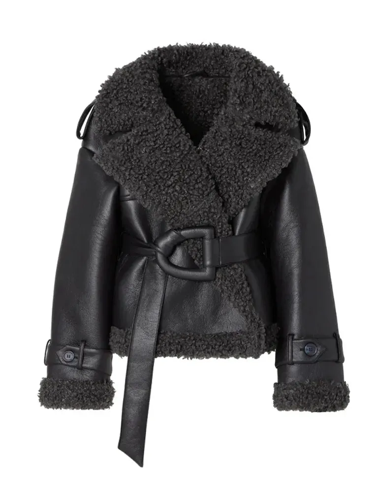 Fashionkova Casual Lapel Solid Women's Lamb Short Coats Elegant Winter Long Sleeves Woolen Thick Jacket Lady Commuting Street Warm Outerwear