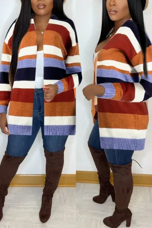 Fashionkova - Orange Casual Striped Print Patchwork Outerwear