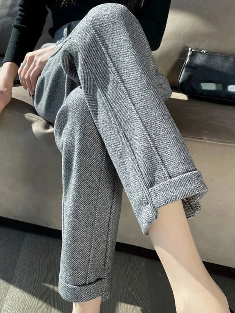 Fashionkova Warm Thickened Cropped Pants 2024 Autumn/Winter New Women' S Pants Loose Casual Herringbone High-waisted Tweed Straight Pants