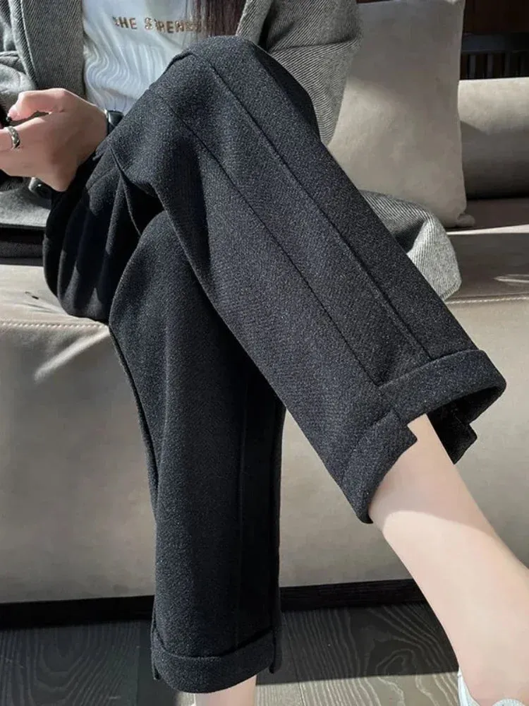 Fashionkova Warm Thickened Cropped Pants 2024 Autumn/Winter New Women' S Pants Loose Casual Herringbone High-waisted Tweed Straight Pants