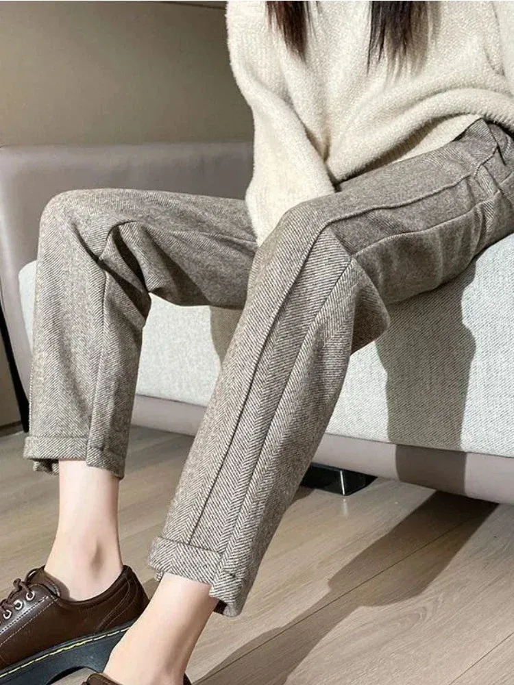 Fashionkova Warm Thickened Cropped Pants 2024 Autumn/Winter New Women' S Pants Loose Casual Herringbone High-waisted Tweed Straight Pants