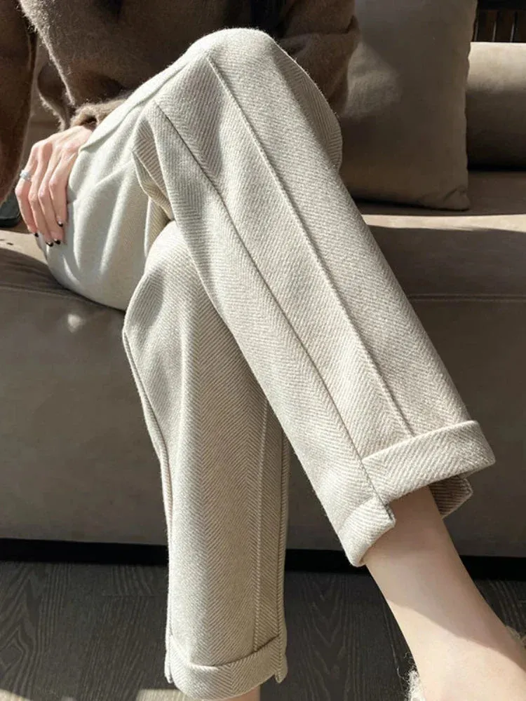 Fashionkova Warm Thickened Cropped Pants 2024 Autumn/Winter New Women' S Pants Loose Casual Herringbone High-waisted Tweed Straight Pants