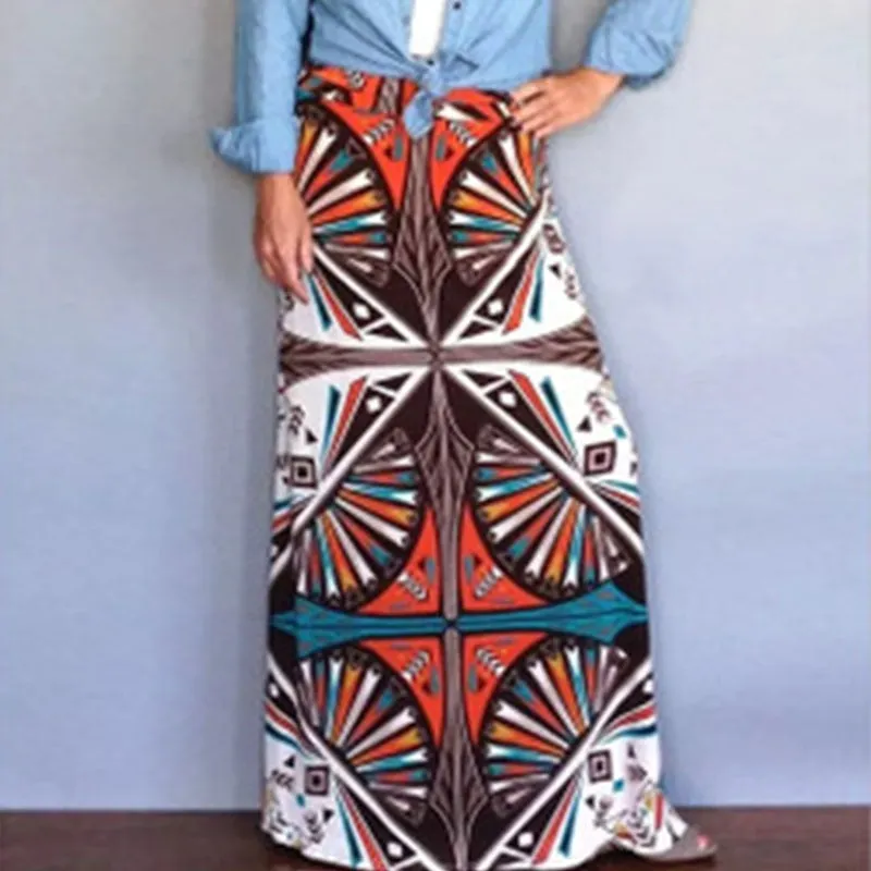 Fashionkova  Women Ethnic Style Long Skirt Spring Autumn Printed Skirts Ladies Casual Big Swing Ankle-Length Skirts Streetwear