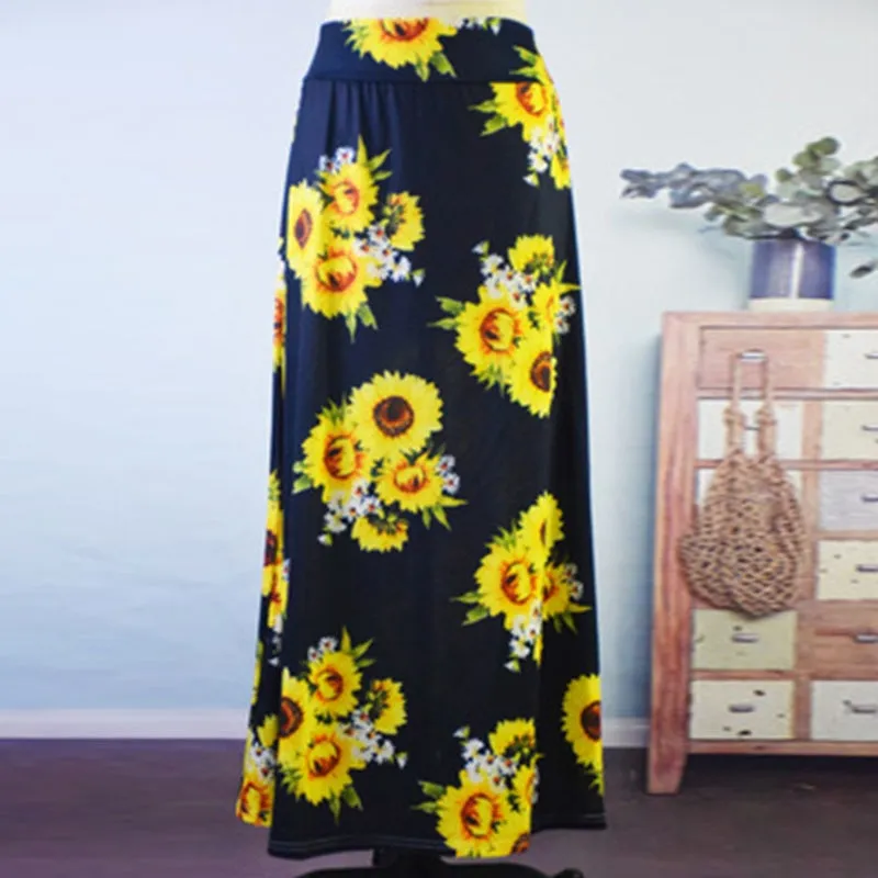 Fashionkova  Women Ethnic Style Long Skirt Spring Autumn Printed Skirts Ladies Casual Big Swing Ankle-Length Skirts Streetwear
