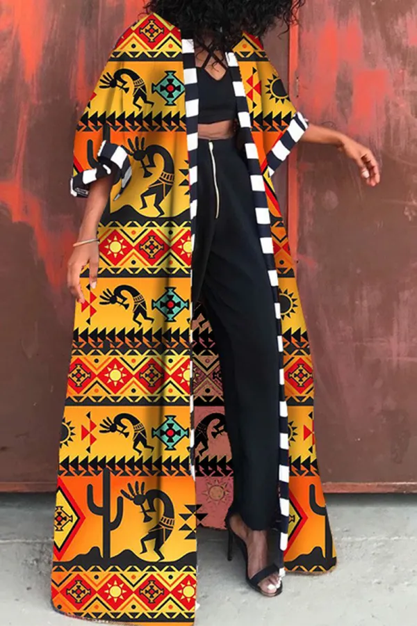 Fashionkova - Yellow Casual Bohemian Vintage Print Patchwork Outerwear