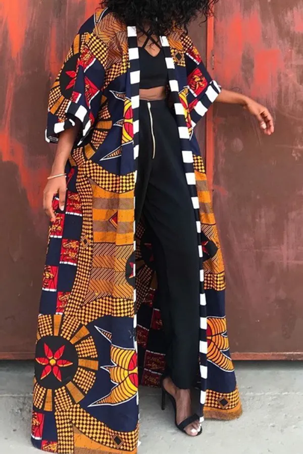 Fashionkova - Yellow Casual Bohemian Vintage Print Patchwork Outerwear