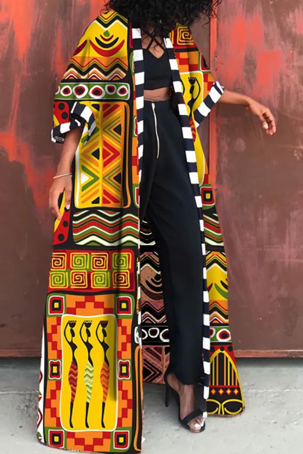 Fashionkova - Yellow Casual Bohemian Vintage Print Patchwork Outerwear