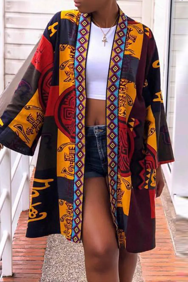 Fashionkova - Yellow Casual Bohemian Vintage Print Patchwork Outerwear