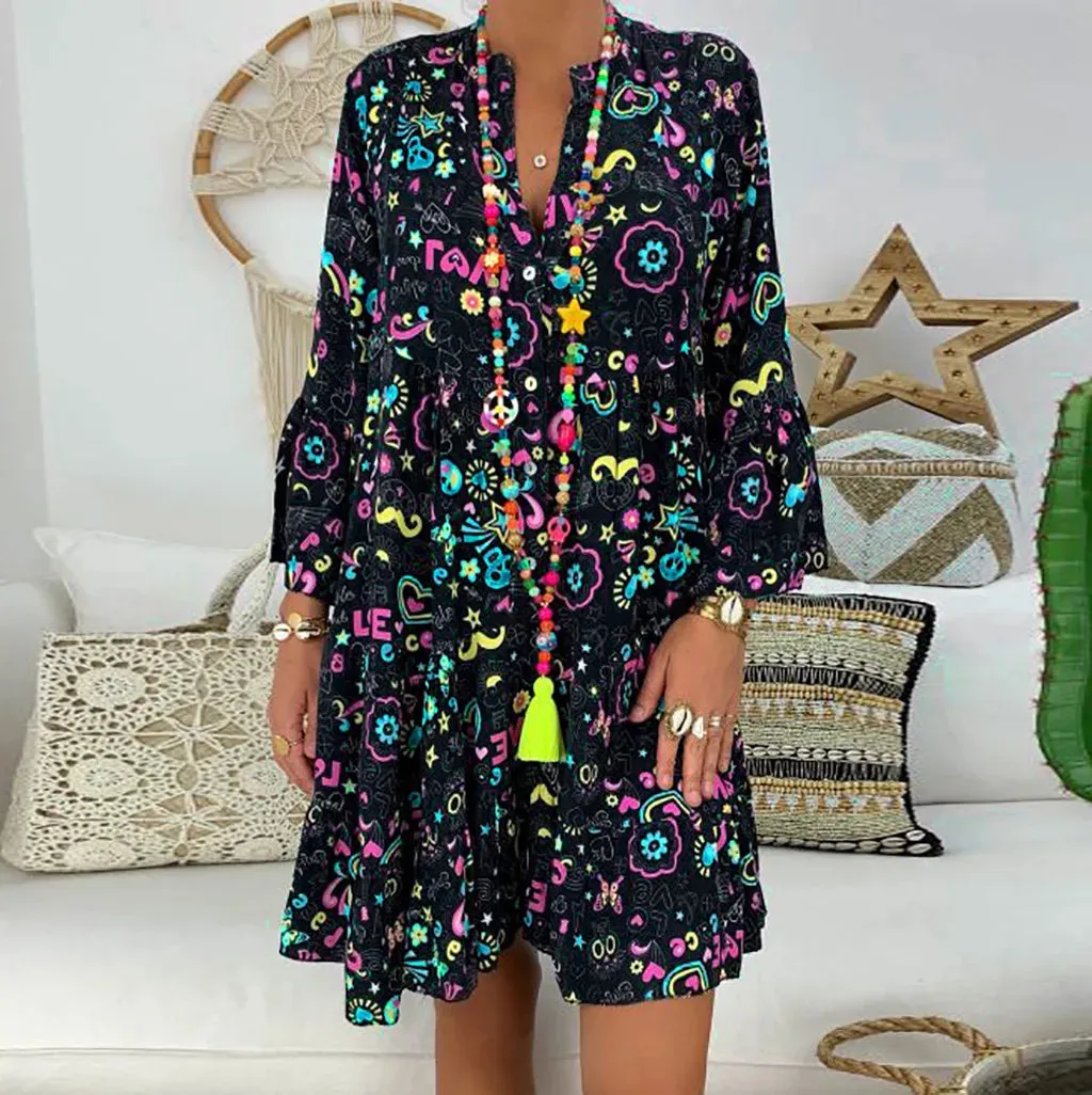 FashionSierra - 2024 Elegant Sexy Long Sleeve Floral V-Neck Boho Dress